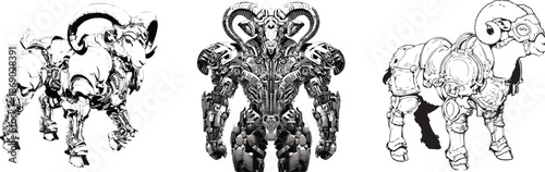 Mechanical Ram: A series of mechanical ram designs, rendered in a detailed line art, exploring the fusion of nature and technology.
