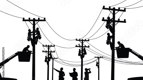 Utility workers, power line installation, teamwork, bucket trucks, coordination, safety gear, electric poles, silhouette, infrastructure repair, outdoor job, energy service