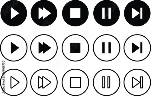 A grid of three rows of media player control icons, including play, fast forward, stop, pause, and skip, presented in solid, filled, and outlined styles.