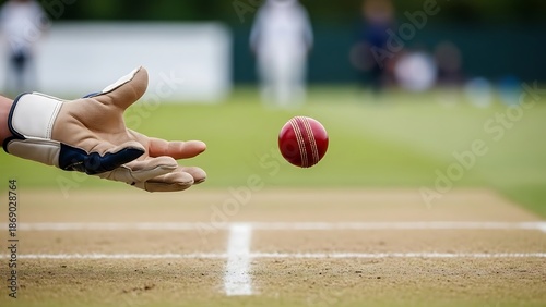 Cricketer s Hand Catching Red Cricket Ball on Field