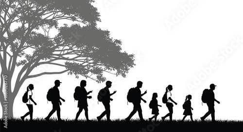 Silhouette of group hiking outdoors with backpacks under tree, nature walk concept for exploration, family activity, and adventure themes.