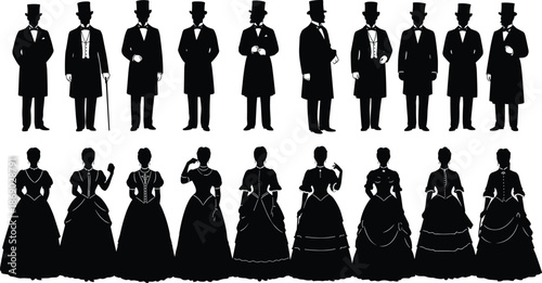 Victorian era men and women silhouettes set, vintage fashion costumes, elegant historical people figures, classic nineteenth century vector illustrations