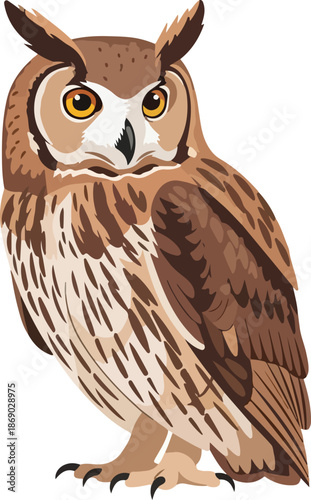 Detailed Vector Illustration of a Brown Owl with Intricate Feather Patterns and Focused Eyes, Isolated