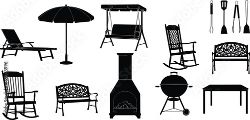 Silhouette of outdoor furniture and accessories including chairs, benches, grill, umbrella, swing, table, patio and garden items