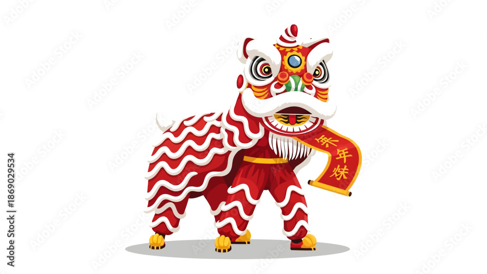 Fototapeta premium Vibrant red lion dance costume with white accents and Chinese characters on banner