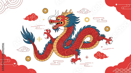 Red dragon with blue mane and yellow accents surrounded by clouds and coins