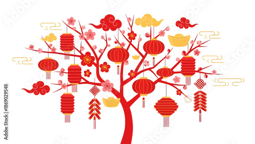 Red tree with Chinese lanterns, flowers, and gold ingots on white background.