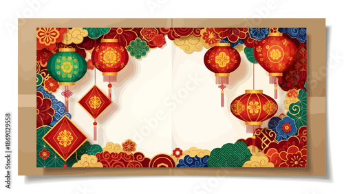Vibrant Chinese lanterns and ornaments on a decorative background with copy space