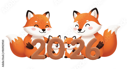 Playful fox family celebrates the year 2026 with cheerful cartoon style and festive charm.