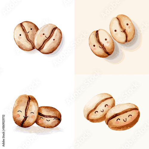 Illustration of roasted coffee beans in warm tones shown from different angles. Minimal food artwork highlighting texture aroma and natural coffee details.