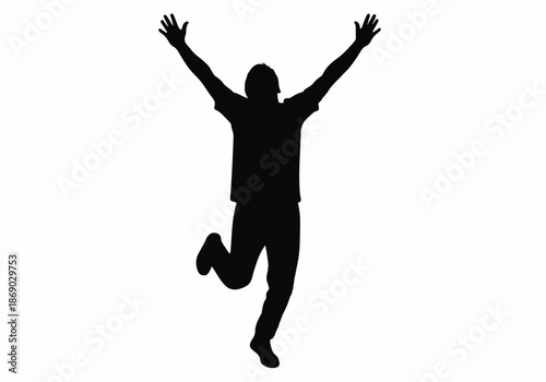 Silhouette of a joyful person leaping up with arms outstretched in celebration against a white background.