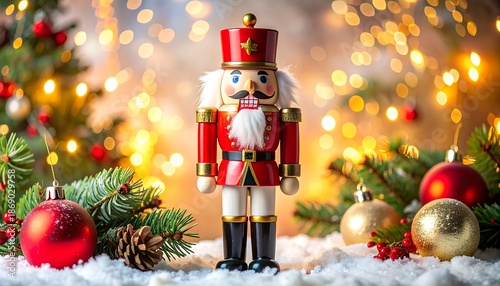A festive holiday image features a wooden figurine standing amid evergreen boughs, ornaments, and twinkling lights