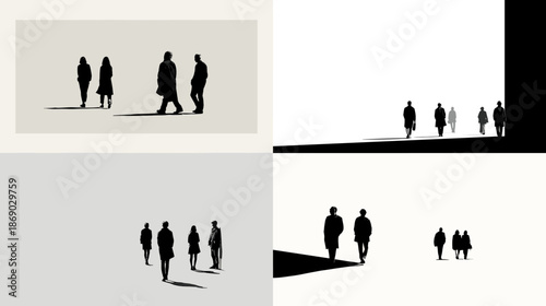Minimal silhouette illustration of small groups of people walking across open space. Clean composition emphasizes distance perspective and quiet everyday movement.