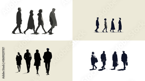 Silhouette illustration set of walking people shown from different angles. Human figures in motion create a minimalist scene about daily life movement and social interaction.