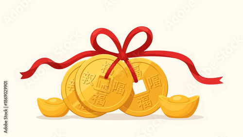 Three gold coins tied with red ribbon and two gold ingots nearby