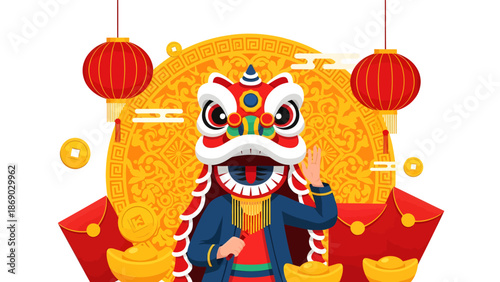 Lion dance performer in traditional costume with red lanterns and gold coins