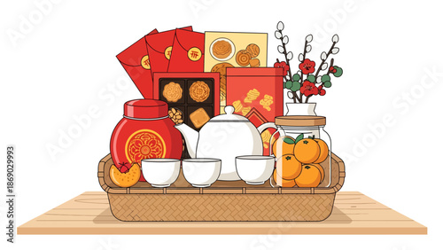 Traditional Chinese tea setting with mooncakes and oranges on a wooden table