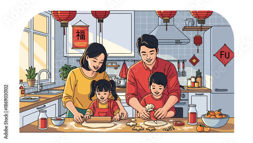 Asian family preparing traditional dumplings together in a festive kitchen setting