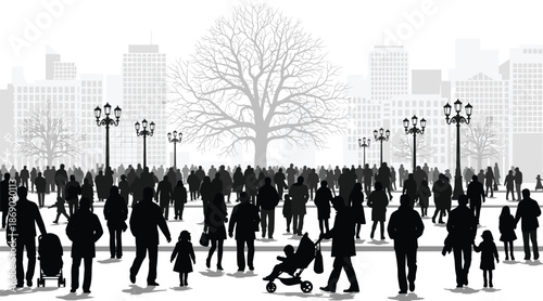 Silhouette of people in urban park with tree, buildings, and street lamps, capturing public space, city life, and interaction.