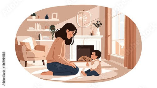 Mother and baby sitting on a rug in a cozy living room together.