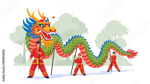 Three performers in red outfits carrying a colorful dragon puppet outdoors