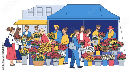 People buying and selling flowers at an outdoor market stall with colorful blooms