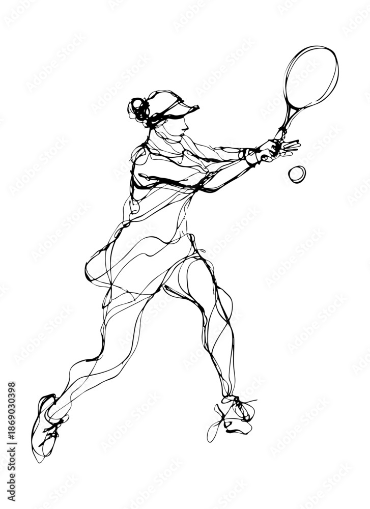 Fototapeta premium Dynamic line art of female tennis player hitting a ball with racket, continuous line sports illustration, isolated with transparent background