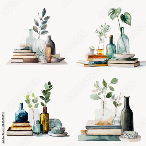 Stylish still life scenes with books glass bottles and leafy plants. Modern neutral illustration ideal for interior decor inspiration editorial design and lifestyle branding.