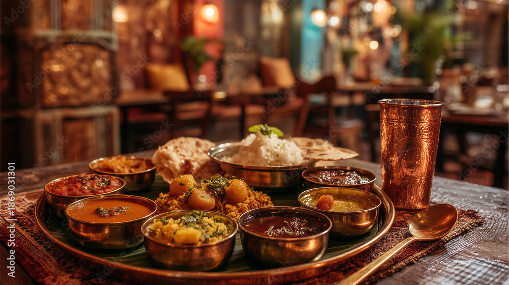 Fototapeta premium Traditional indian thali platter served in a cozy restaurant