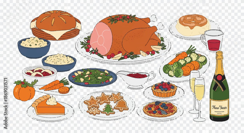 A colorful feast with roasted meats, breads, vegetables and wine served on a table.