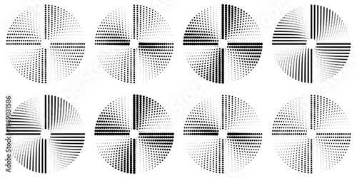 Halftone gradient circles collection. Dots textured round patterns. Cartoon comic radial faded background set. Abstract pixelated elements for frame, poster, collage, banner, flyer. Vector bundle