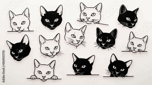 Collection of Cat Faces in Black and White Sketches.