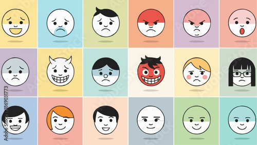Collection of diverse cartoon faces expressing various emotions and feelings.