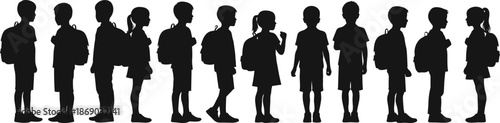 Silhouette of school children with backpacks standing in line, symbolizing education, routine, friendship, student life, and social interaction.