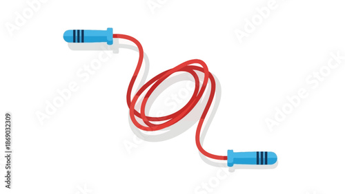 Vibrant red jump rope with blue handles on white background