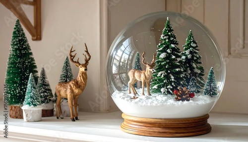 A festive scene featuring miniature trees and a reindeer figurine next to a large snow globe with a similar scene