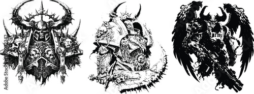 Triumphant Warrior Trio: A fierce trio of formidable warriors, each a symbol of strength and battle, are captured in striking black and white details.