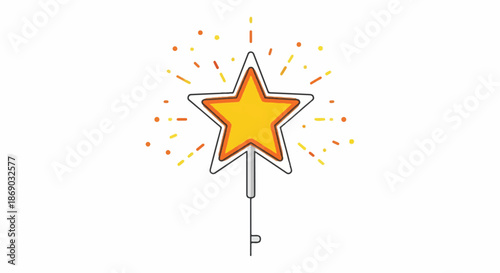 Whimsical illustration of a magical wand with a glowing starburst and sparkling effects.