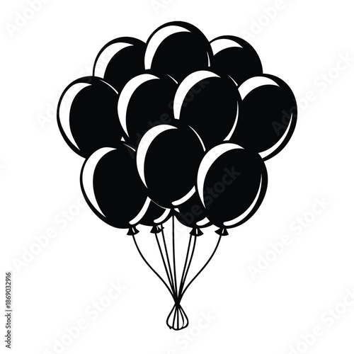 Black and white line art of two floating balloons with strings,Simple line art illustration of three balloons, one black and two white,