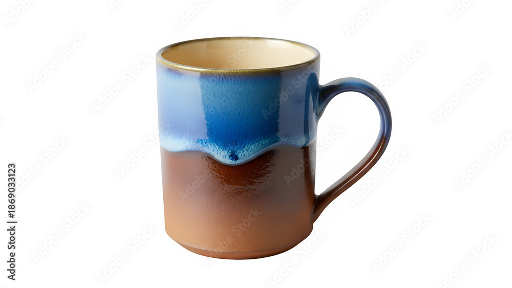 Obraz premium Beautiful Coffee Mug in Blue and Brown Colors, isolated on white or transparent background. PNG