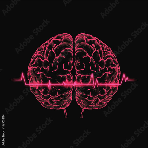 Human Brain with Pink Heartbeat Line on Black Background , vector style simple color