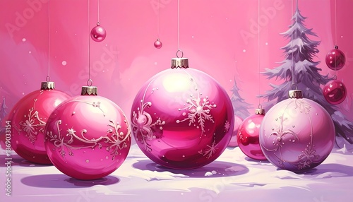 A festive scene showcases large, decorative orbs hanging above a snowy ground, with a wintery forest backdrop