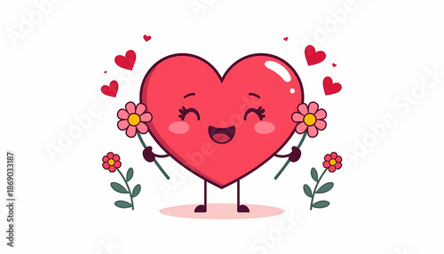 Cute heart character holding flowers with hearts around