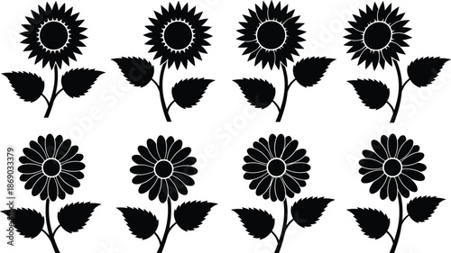 Sunflower Silhouette Set with Different Bloom and Leaf Variations, Black Floral Icons Collection for Nature, Botanical, Decorative and Design Use