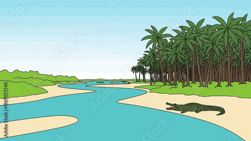 Crocodile on Sandy Riverbank with Palm Trees.
