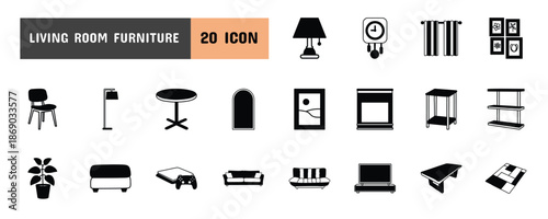 20 Living Room Furniture Glyph Icon Illustration Set