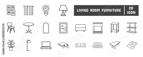 20 Living Room Furniture Line Icon Illustration Set