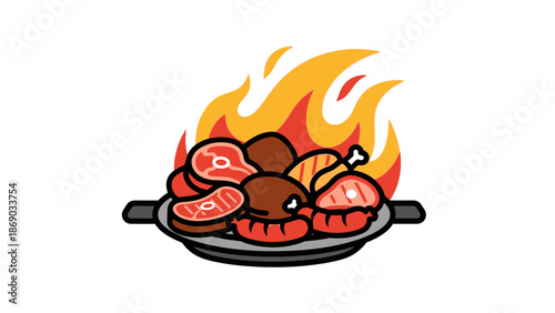 Grilled Meat and Vegetables on Pan.