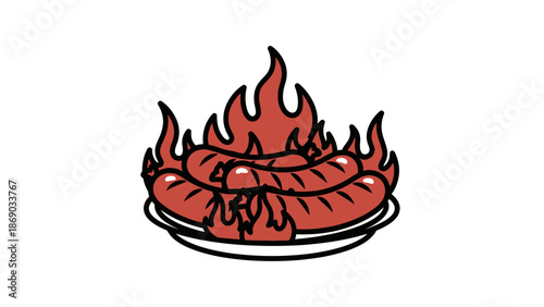 Grilled Sausages on a Plate with Flames.