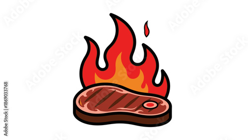 Grilled Steak with Flames Cartoon Illustration.